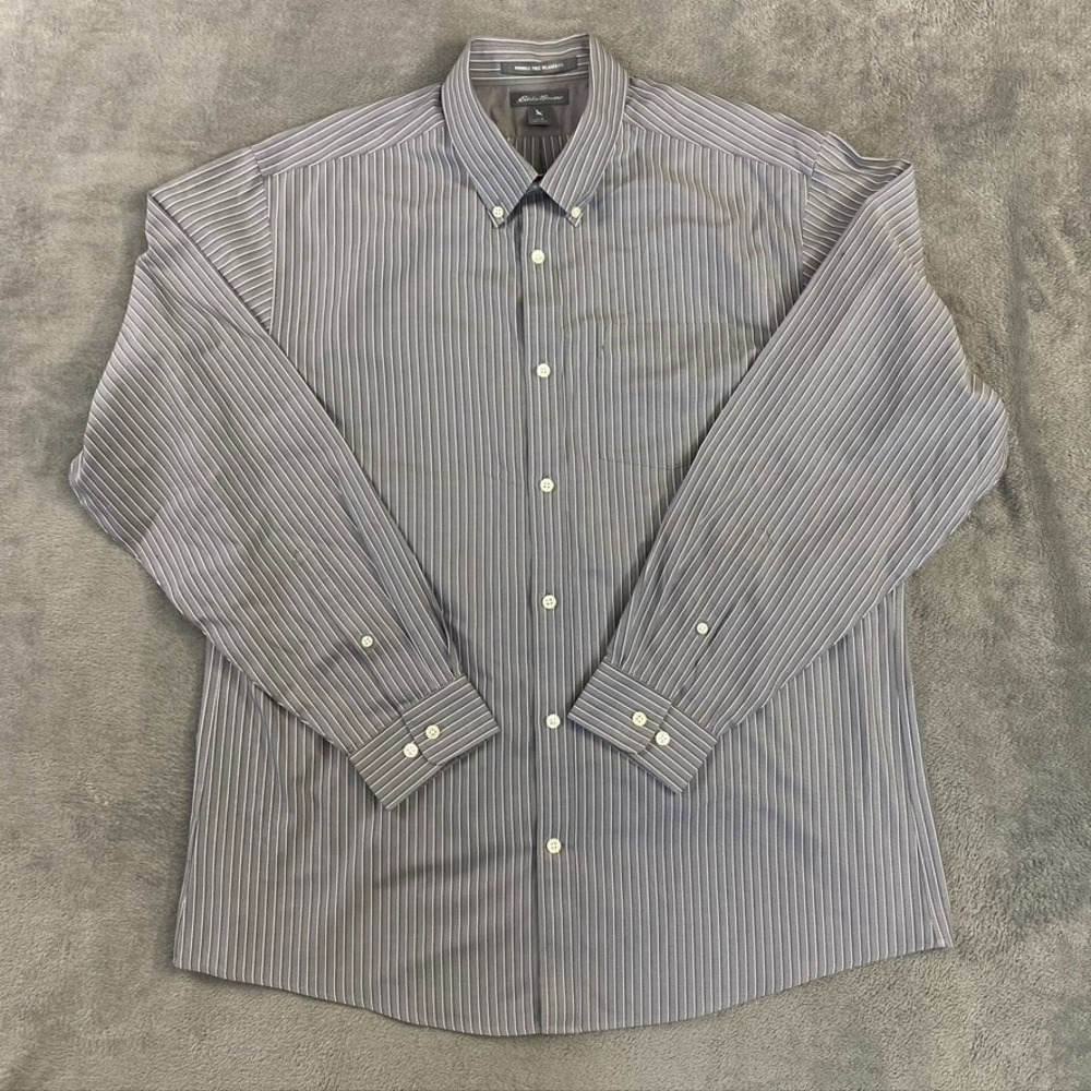 Eddie Bauer Shirt Mens L Wrinkle Free Fit Long Sleeve Gray Stripe Preppy‎ Button